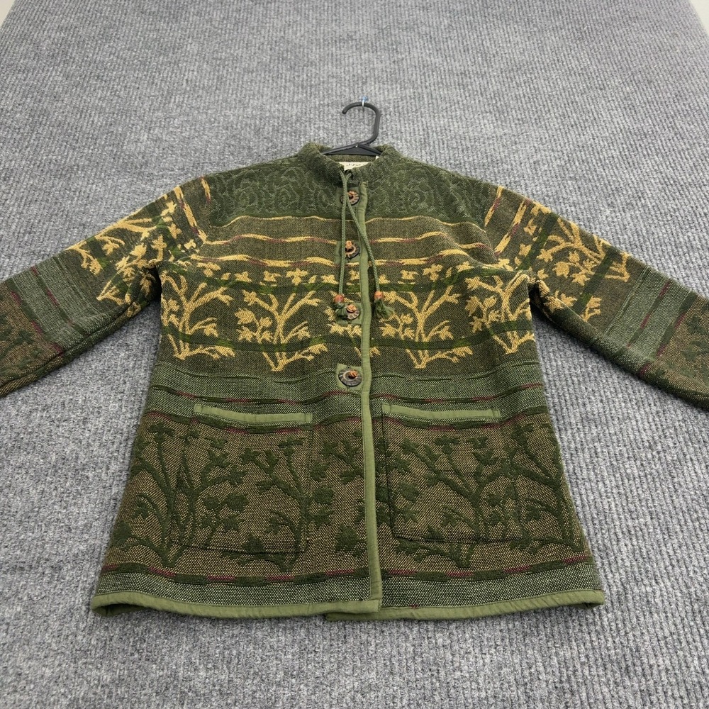 Vintage Flashback Jacket Womens S Green Cotton Woven Tapestry Floral Boho Artsy